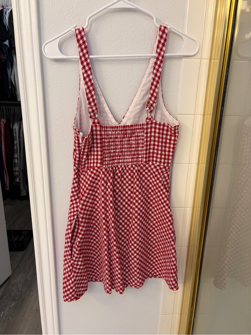 Red Gingham V-Neck Women’s Dress - Picture 2 of 5